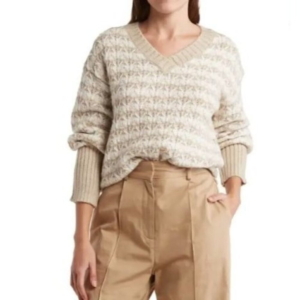 Kensie Sweater Long Sleeve Drop Shoulder Knit V-Neck Ivory Size Lg B24